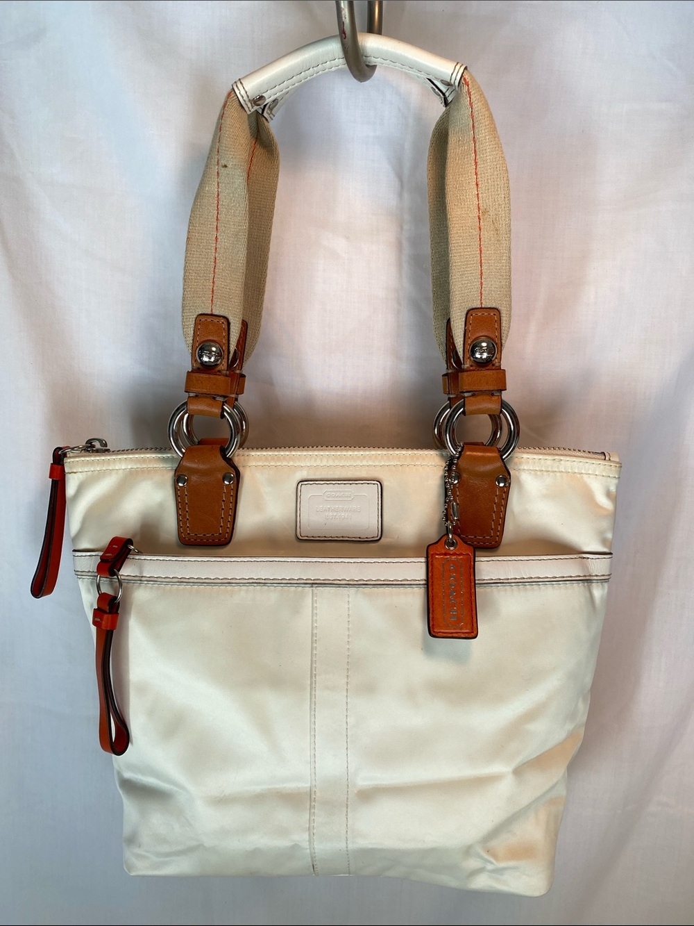 Coach Cream Shoulder Tote with Tan Leather Trim